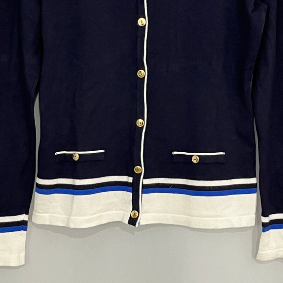Karen Scott Cardigan Sz M Contrast Trim Navy Blue Cottagecore Nautical Preppy - Picture 6 of 8